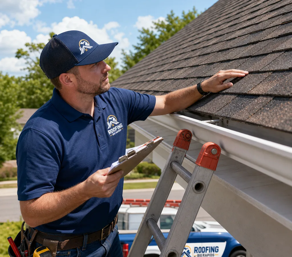 Big Rapids roofer inspecting asphalt shingles from a ladder