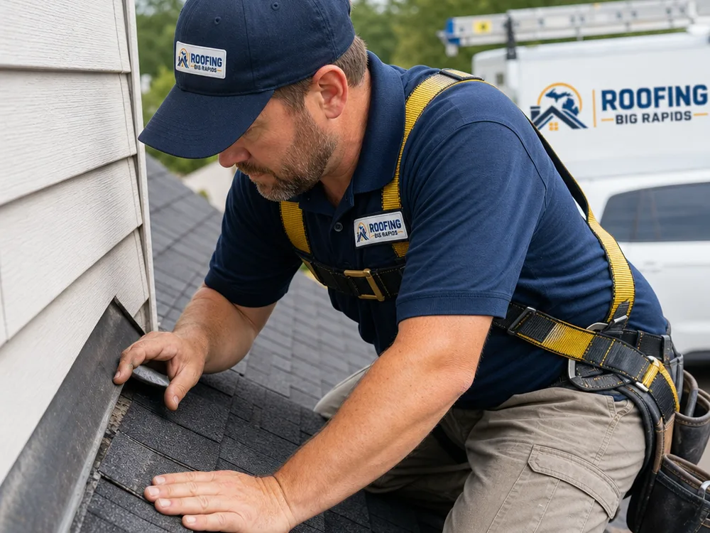 Roofer examining flashing and shingles at a roof-to-wall intersection