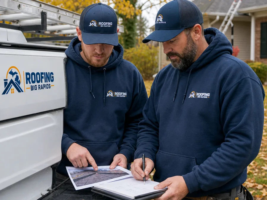 Big Rapids roofing team reviewing roof photographs and assessment notes